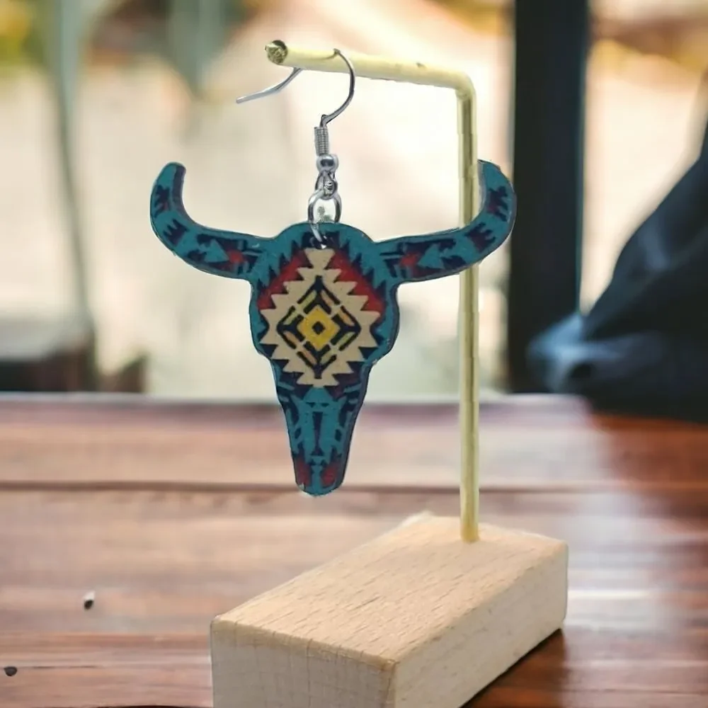 Longhorn Skull Earrings Southwestern Cowgirl Aztec Steer Western Wood Dangle